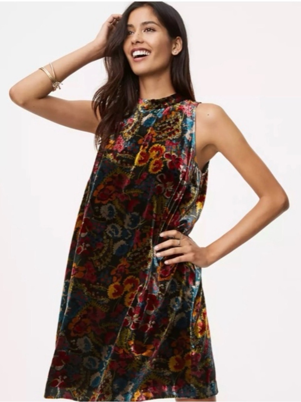 LOFT Velvet Floral Shift Fall Dress - Red, Blue, Yellow